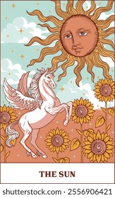 Tarot card sun, sunflowers and white pegasus. Occult, fortune telling, tapestry