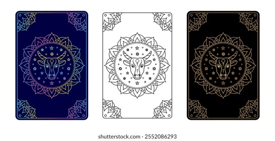 Tarjeta del tarot con signo del zodiaco de Tauro. Estilo de arte de línea simple.