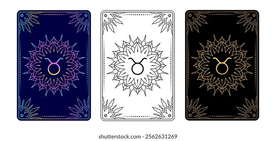 Tarot card with Taurus zodiac sign. Simple line art style.