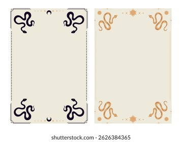 Tarot card templates with magical snake symbols. Tarot frames decorated with serpents. Vector illustration