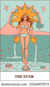 Tarot card 'The Star' featuring a serene illustration of a woman pouring water from two jugs into a pond, surrounded by a radiant star, soft pastel colors, and peaceful nature elements. Occult, fortun