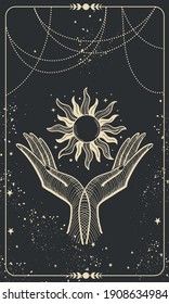 Tarot card with two palms holding the sun. Magic boho design with stars, engraving stylization, cover for the witch. Golden mystical hand drawing on a black background with stars