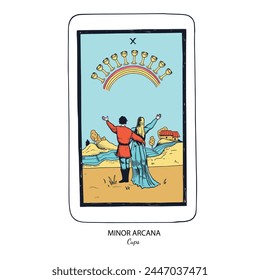 Tarot card vector deck . Minor Arcana Cups . Occult esoteric spiritual Tarot. Isolated colored hand drawn illustrations

