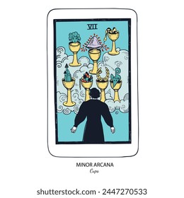 Tarot card vector deck . Minor Arcana Cups . Occult esoteric spiritual Tarot. Isolated colored hand drawn illustrations

