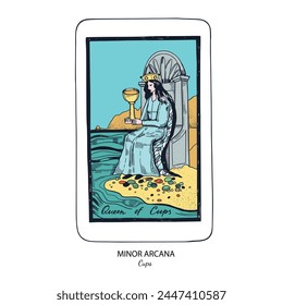 Tarot card vector deck . Minor Arcana Cups . Occult esoteric spiritual Tarot. Isolated colored hand drawn illustrations

