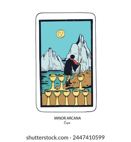 Tarot baraja de Vector de cartas . Copas Arcanas Menores . Tarot espiritual esotérico oculto. Ilustraciones dibujadas a mano de colores aislados

