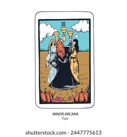 Tarot card vector deck . Minor Arcana Cups . Occult esoteric spiritual Tarot. Isolated colored hand drawn illustrations

