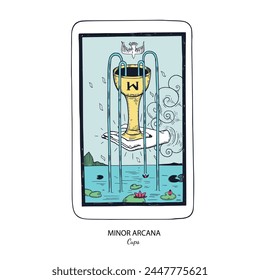 Tarot card vector deck . Minor Arcana Cups . Occult esoteric spiritual Tarot. Isolated colored hand drawn illustrations

