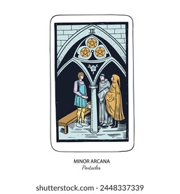 Tarot card vector deck . Minor Arcana Pentacles . Occult esoteric spiritual Tarot. Isolated colored hand drawn illustrations
