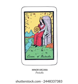 Tarot card vector deck . Minor Arcana Pentacles . Occult esoteric spiritual Tarot. Isolated colored hand drawn illustrations
