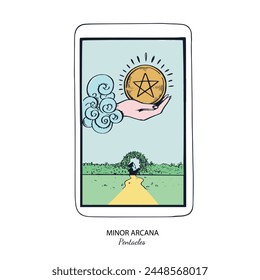 Tarot card vector deck . Minor Arcana Pentacles . Occult esoteric spiritual Tarot. Isolated colored hand drawn illustrations
