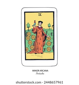 Tarot card vector deck . Minor Arcana Pentacles . Occult esoteric spiritual Tarot. Isolated colored hand drawn illustrations
