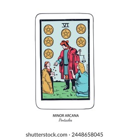 Tarot card vector deck . Minor Arcana Pentacles . Occult esoteric spiritual Tarot. Isolated colored hand drawn illustrations
