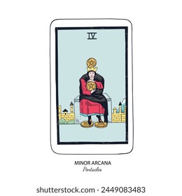 Tarot card vector deck . Minor Arcana Pentacles . Occult esoteric spiritual Tarot. Isolated colored hand drawn illustrations