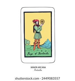 Tarot baraja de Vector de cartas . Pentáculos Arcanos Menores . Tarot espiritual esotérico oculto. Ilustraciones dibujadas a mano de colores aislados