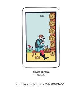 Tarot card vector deck . Minor Arcana Pentacles . Occult esoteric spiritual Tarot. Isolated colored hand drawn illustrations
