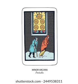 Tarot card vector deck . Minor Arcana Pentacles . Occult esoteric spiritual Tarot. Isolated colored hand drawn illustrations