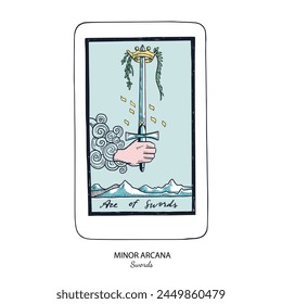 Tarot card vector deck . Minor Arcana Pentacles . Occult esoteric spiritual Tarot. Isolated colored hand drawn illustrations