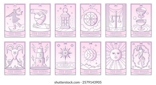 Tarot card vector set in beautiful pink gradation color. Simple line style illustration. The Fool, Hermit, Justice, Temperance, Tower, World, Devil, Sun