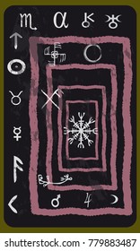 Tarot cards - back design.  Alchemy. Runes and Astrological symbols of planets