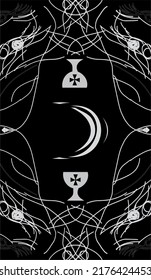 Tarot cards - back design. Moon, Cup of wine, Rose cross. Reverse side