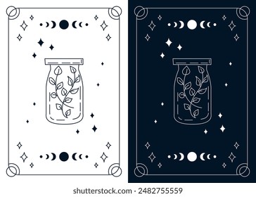 Colección de cartas de tarot con tarro de contorno con planta mágica. Esotérico místico split deck para la predicción. Plantilla de diseño de Vector, estilo boho. Diseño de contorno monocromo