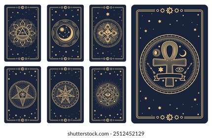 Cubiertas de cartas de tarot con signos esotéricos mágicos y símbolos ocultos místicos, diseño de mazos inversos de Vector. Tarjetas del tarot con los símbolos mágicos esotéricos del sol y de las estrellas, la cruz de Ankh y la pirámide del albañil en pentagrama