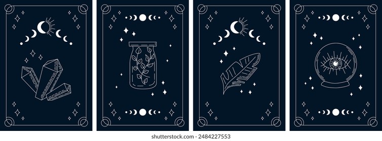 Tarot cards dark theme collection with white line art magic elements on dark background. Esoteric mystical deck with crystals, plant in jar, feather, crystal ball. Vector design template, boho style.
