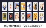 Tarot cards deck design. Minor Arcanas set, suit of cups, goblets pack. Occult esoteric spiritual Taro Ace, King, Queen, Knight, Page, Two through Ten signs. Isolated colored flat vector illustrations