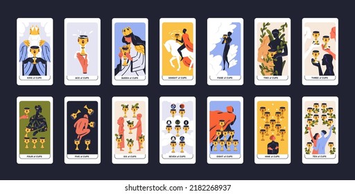 Tarot Cards Deck Design. Minor Arcanas Set, Suit Of Cups, Goblets Pack. Occult Esoteric Spiritual Taro Ace, King, Queen, Knight, Page, Two Through Ten Signs. Isolated Colored Flat Vector Illustrations