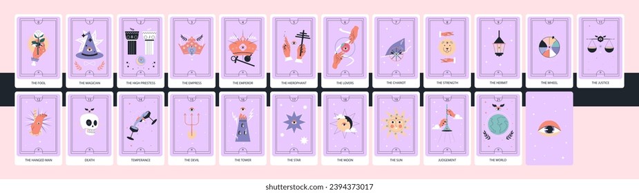 Tarot cards deck. Major arcana set. Hand drawn vector illustration.