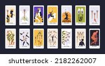 Tarot cards deck set. Minor Arcanas, suit of wands pack. Occult esoteric magic Batons designs with Taro Ace, King, Queen, Page symbols for fortune telling. Isolated colored flat vector illustrations