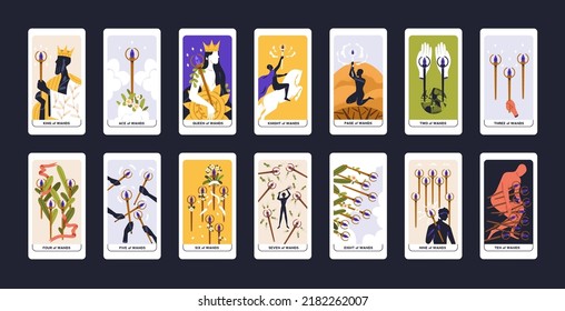 Tarot cards deck set. Minor Arcanas, suit of wands pack. Occult esoteric magic Batons designs with Taro Ace, King, Queen, Page symbols for fortune telling. Isolated colored flat vector illustrations