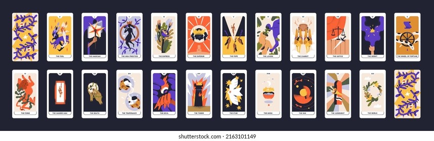 Tarot cards design. Occult major arcanas deck with esoteric magic symbols. Pack of spiritual signs of emperor, fool, lovers, moon in modern style. Isolated colored flat graphic vector illustrations - Shutterstock ID 2163101149