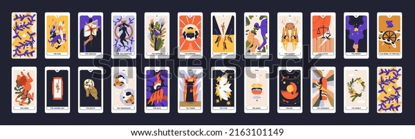 Tarot cards design. Occult major arcanas\
deck with esoteric magic symbols. Pack of spiritual signs of\
emperor, fool, lovers, moon in modern style. Isolated colored flat\
graphic vector\
illustrations