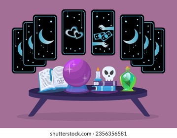 Ilustración vectorial de tarjetas Tarot y equipos de desviación. Tarjetas personalizadas con diseño de luna y corazón, bola de cristal, libros mágicos para adivinar la fortuna. Halloween, brujería, concepto de predicción