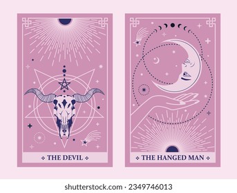 Tarot Karten Devil und The Hanged Man, Celestial Tarot Karten Basic Hexentarot umgeben von Mond und Sternen. Vektorgrafik.