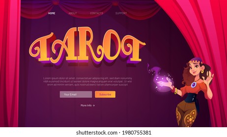 Tarot cards divination cartoon landing page, fortuneteller gypsy woman stand at open red curtains with glow hand invite in mystical room for fortune-telling and future prediction, vector illustration