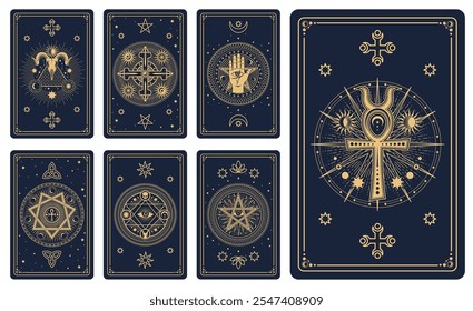 Cartões de tarô com magia esotérica e lua mística, sol e estrela, fundos vetoriais. Cartas de tarô padrões esotéricos e quadros de astrologia e símbolos ocultos espirituais em linha dourada para baralho de cartas de tarô