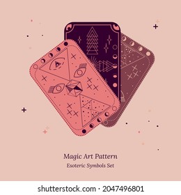 Tarot cards are fanned out. An example of esoteric objects and symbols. Opening of third eye of soul, phases of moon, celestial spheres, stars. Vector illustration for esoteric science design
