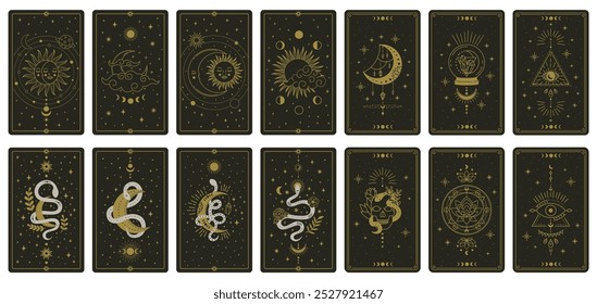 Cartões de tarô com intrincados desenhos celestes e místicos organizados ordenadamente. As cartas destacam símbolos como a lua, o sol e as cobras, perfeitos para a adivinhação.