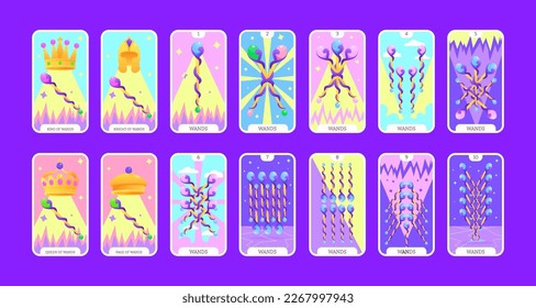 Tarot cards flat deck cartoon. Taro card minor arcanas suit of wands, occult vector game set. Full pack of spiritual signs Ace, King, Queen, Knight, Page, Two to Ten esoteric magic and astrology