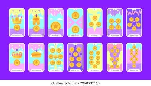 Tarot cards flat deck cartoon. Taro card minor arcanas suit of coins, occult vector game set. Full pentacle pack of spiritual signs Ace, King, Queen, Knight, Page, Two to Ten esoteric magic and