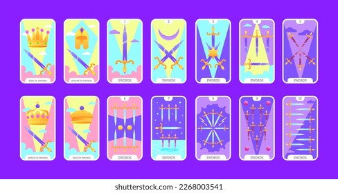 Tarot cards flat deck cartoon. Taro card minor arcanas suit of swords, occult vector game set. Full pack of spiritual signs Ace, King, Queen, Knight, Page, Two to Ten esoteric magic and astrology