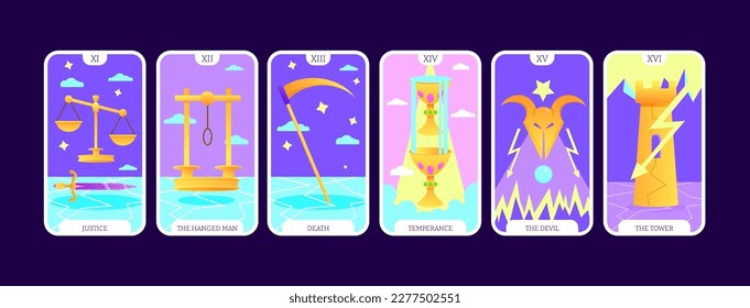 Tarot cards flat deck cartoon. Taro card major arcanas Include of justice, hanged man, death, temperance, devil and tower occult vector game set. Full pack with esoteric magic and astrology symbols