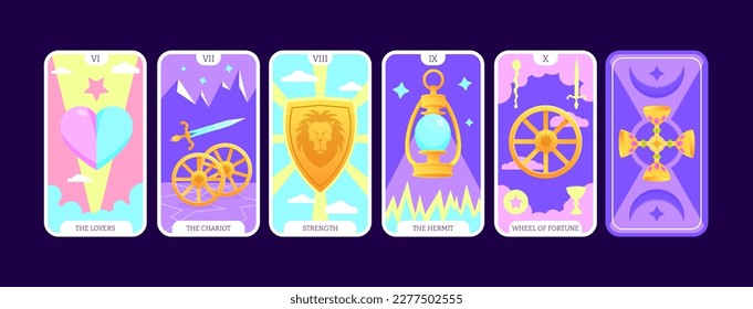 Tarot cards flat deck cartoon. Taro card major arcanas Include of lovers, chariot, strength, hermit, and wheel of fortune occult vector game set. Full pack with esoteric magic and astrology symbols