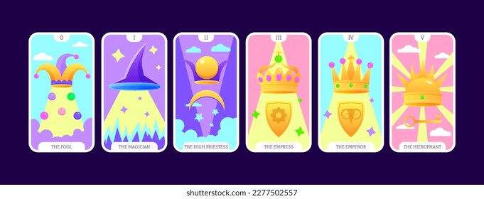 Tarot cards flat deck cartoon. Taro card major arcanas Include of Fool, Magican, Priestess, Hierophant, Emperor and Empress occult vector game set. Full pack with esoteric magic and astrology symbols