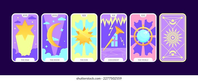 Tarot cards flat deck cartoon. Taro card major arcanas Include of star, moon, sun, judgement and world occult vector game set. Full pack with esoteric magic and astrology symbols. Isolated colored