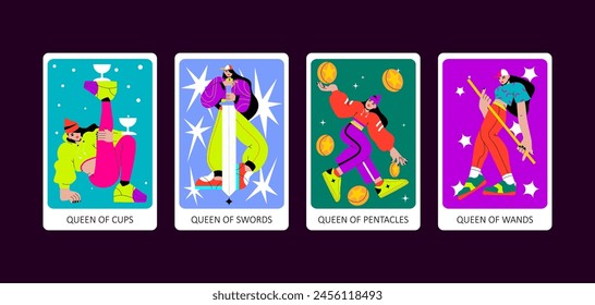 Tarot cards flat deck cartoon. Minor Arcana Suit of Queen of Cups, Swords, Pentacles and Wands Tarot Cards. 
Sports style tarot. Trendy vector illustration.