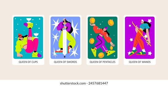 Tarot cards flat deck cartoon. Minor Arcana Suit of Queen of Cups, Swords, Pentacles and Wands Tarot Cards. 
Sports style tarot. Trendy vector illustration.